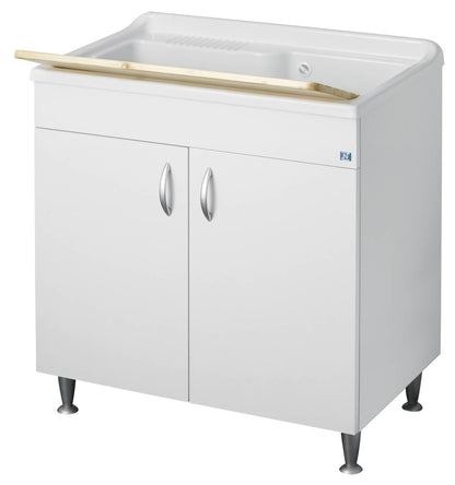 Negrari Eco Bianco Lavatoio 80x50 L80 P50 H85 CM Arredo Lavapanni Interno Bagno Lavanderia Base Mobile Nobilitato Idrofugo Legno Vasca Grande Intera Lavabo Lavandino Resina Plastica Asse Pino Sifone Piedini Ante Sportelli Battenti Qualità Medio Alta