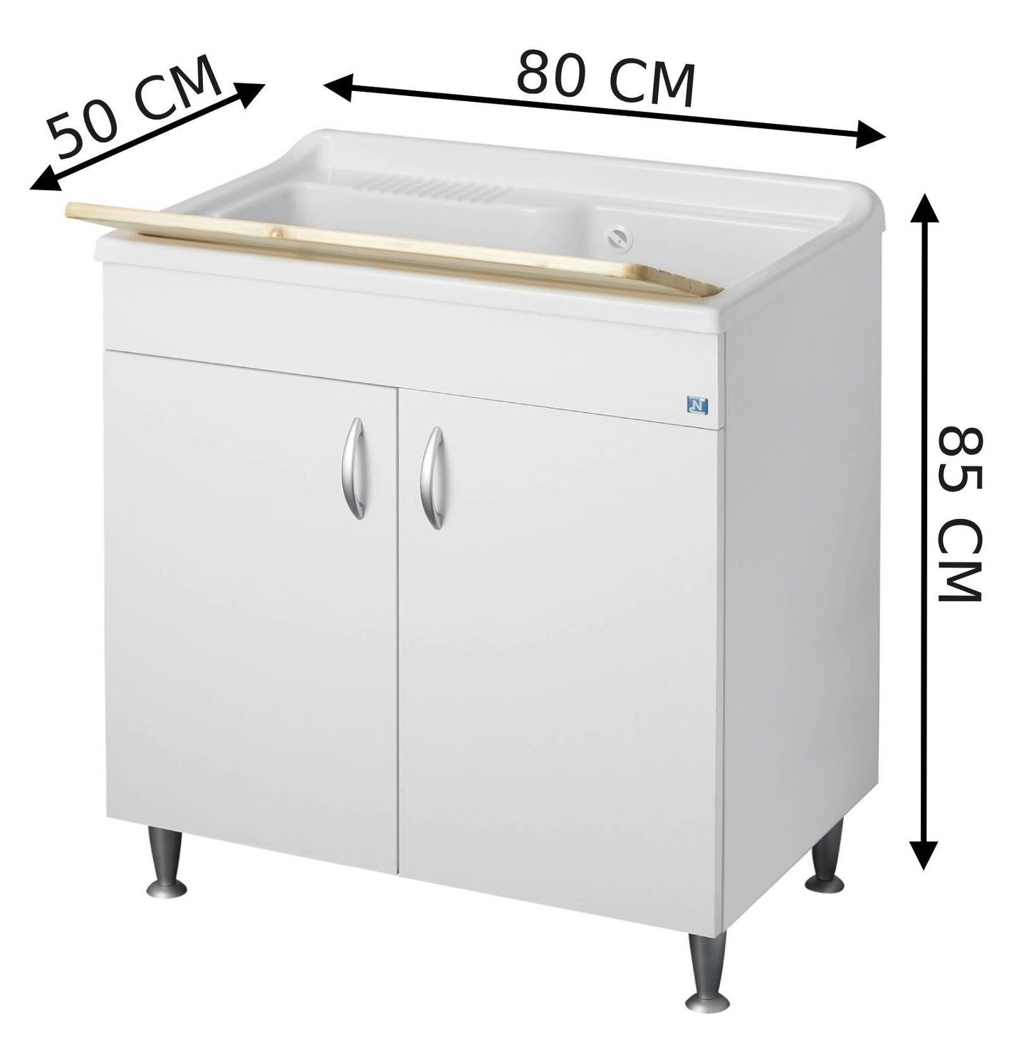 Negrari Eco Bianco Lavatoio 80x50 L80 P50 H85 CM Arredo Lavapanni Interno Bagno Lavanderia Base Mobile Nobilitato Idrofugo Legno Vasca Grande Intera Lavabo Lavandino Resina Plastica Asse Pino Sifone Piedini Ante Sportelli Battenti Qualità Medio Alta