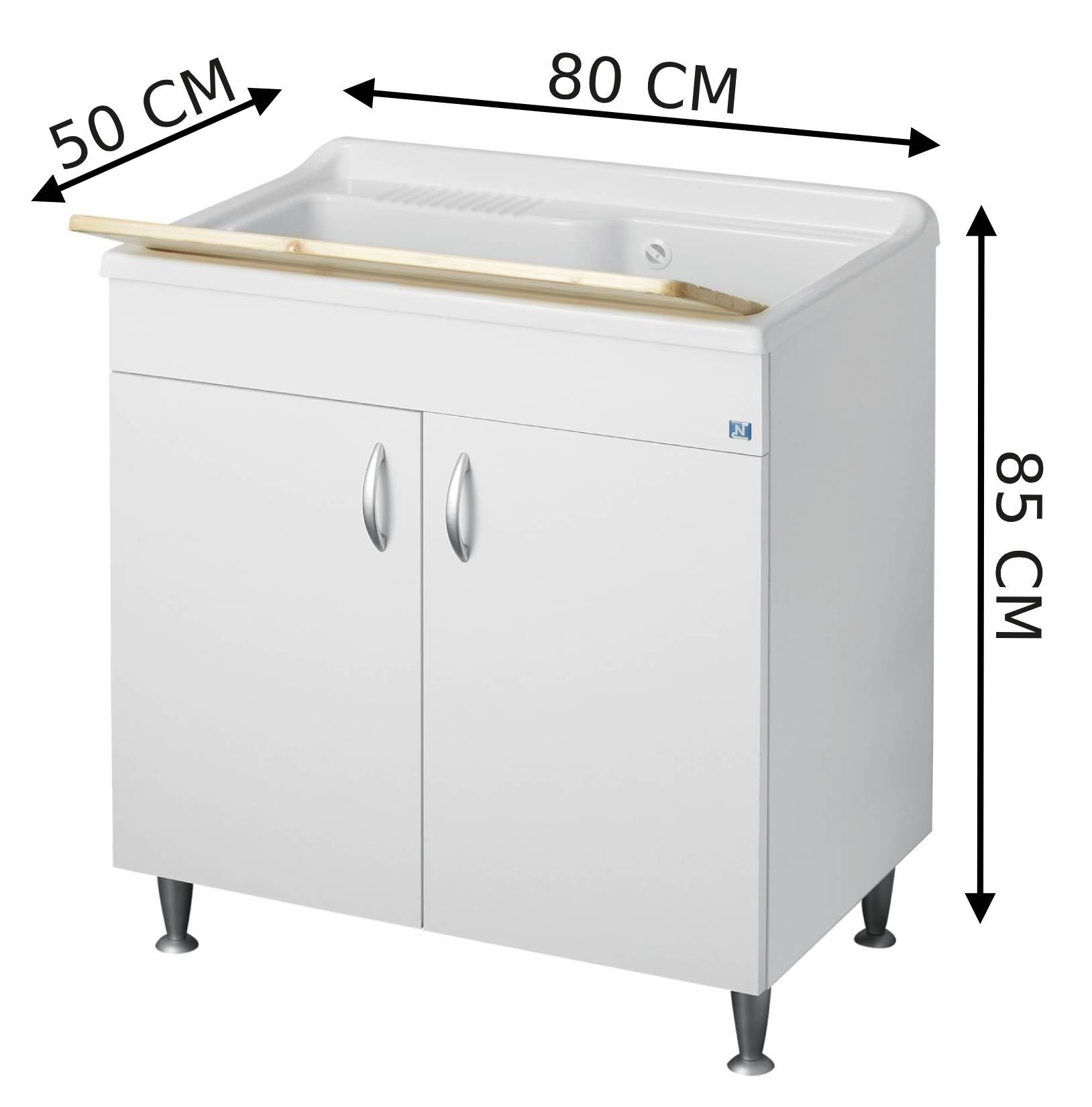 Negrari Eco Bianco Lavatoio 80x50 L80 P50 H85 CM Arredo Lavapanni Interno Bagno Lavanderia Base Mobile Nobilitato Idrofugo Legno Vasca Grande Intera Lavabo Lavandino Resina Plastica Asse Pino Sifone Piedini Ante Sportelli Battenti Qualità Medio Alta