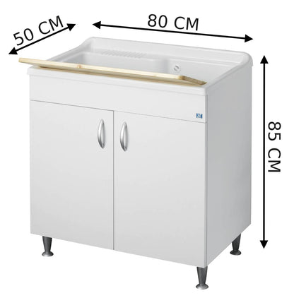 Negrari Eco Bianco Lavatoio 80x50 L80 P50 H85 CM Arredo Lavapanni Interno Bagno Lavanderia Base Mobile Nobilitato Idrofugo Legno Vasca Grande Intera Lavabo Lavandino Resina Plastica Asse Pino Sifone Piedini Ante Sportelli Battenti Qualità Medio Alta