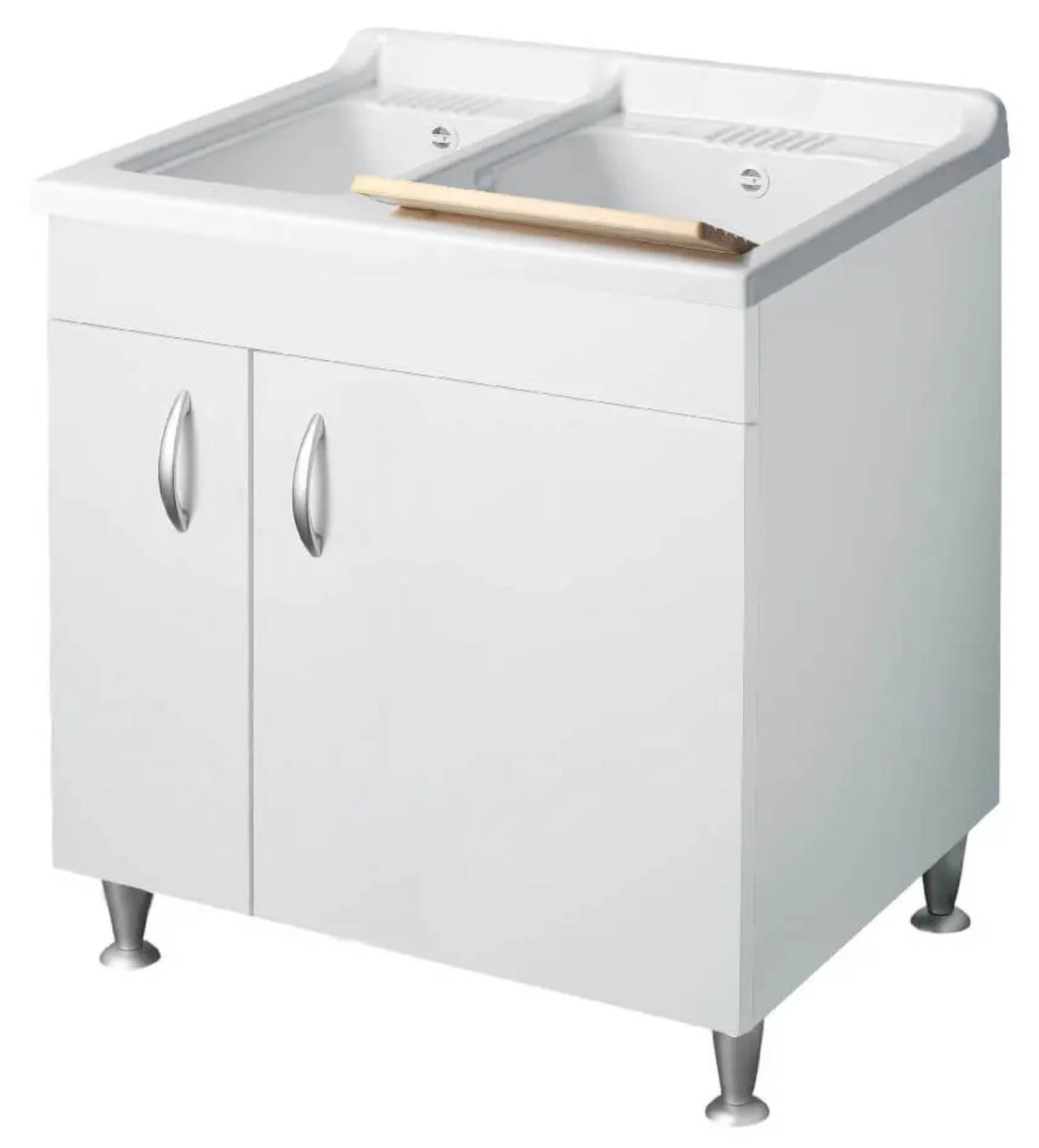 Negrari Eco Bianco Lavatoio 75x60 L75 P60 H85 CM Lavapanni Interno Bagno Lavanderia Base Mobile Nobilitato Idrofugo Legno Due Vasche Lavabo Lavandino Lavello Resina Plastica Asse Sifone Piedini Regolabili 2 Ante Sportelli Battenti Qualità Medio Alta