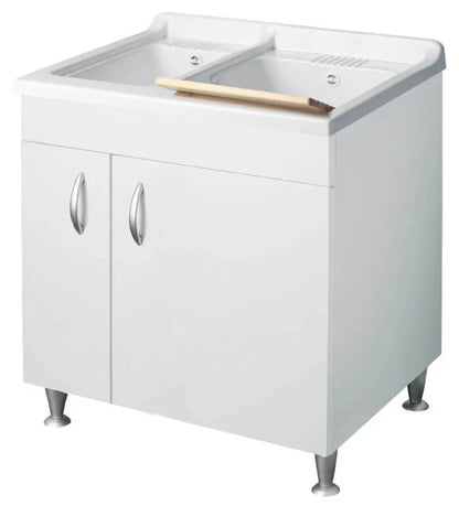 Negrari Eco Bianco Lavatoio 75x60 L75 P60 H85 CM Lavapanni Interno Bagno Lavanderia Base Mobile Nobilitato Idrofugo Legno Due Vasche Lavabo Lavandino Lavello Resina Plastica Asse Sifone Piedini Regolabili 2 Ante Sportelli Battenti Qualità Medio Alta