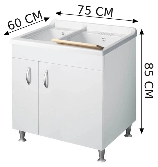 Negrari Eco Bianco Lavatoio 75x60 L75 P60 H85 CM Lavapanni Interno Bagno Lavanderia Base Mobile Nobilitato Idrofugo Legno Due Vasche Lavabo Lavandino Lavello Resina Plastica Asse Sifone Piedini Regolabili 2 Ante Sportelli Battenti Qualità Medio Alta