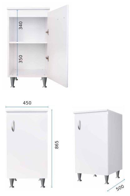 Negrari Eco FB6006 Base 1 Anta Colore Bianco 45x50 H85 cm Per Interno Lavanderia Bagno Mobile a Terra Montato in Legno Nobilitato Idrofugo Piedini Regolabili Apertura Anta Battente Angoli Squadrati Maniglia Stondata Satinata Posizione Ripiano Regolabile