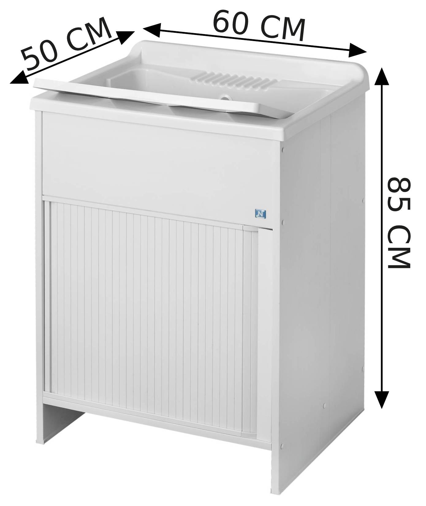 Negrari Esterni Roc 4002 Lavatoio Colore Bianco 60x50 H85 cm Mobile in PVC Chiusura a Serrandina Vasca e Asse di Lavaggio in Polipropilene Fornito Montato Piedini Regolabili Per Lavanderia Interno ed Esterno Ambienti Umidi Completo di Scarico Sifone