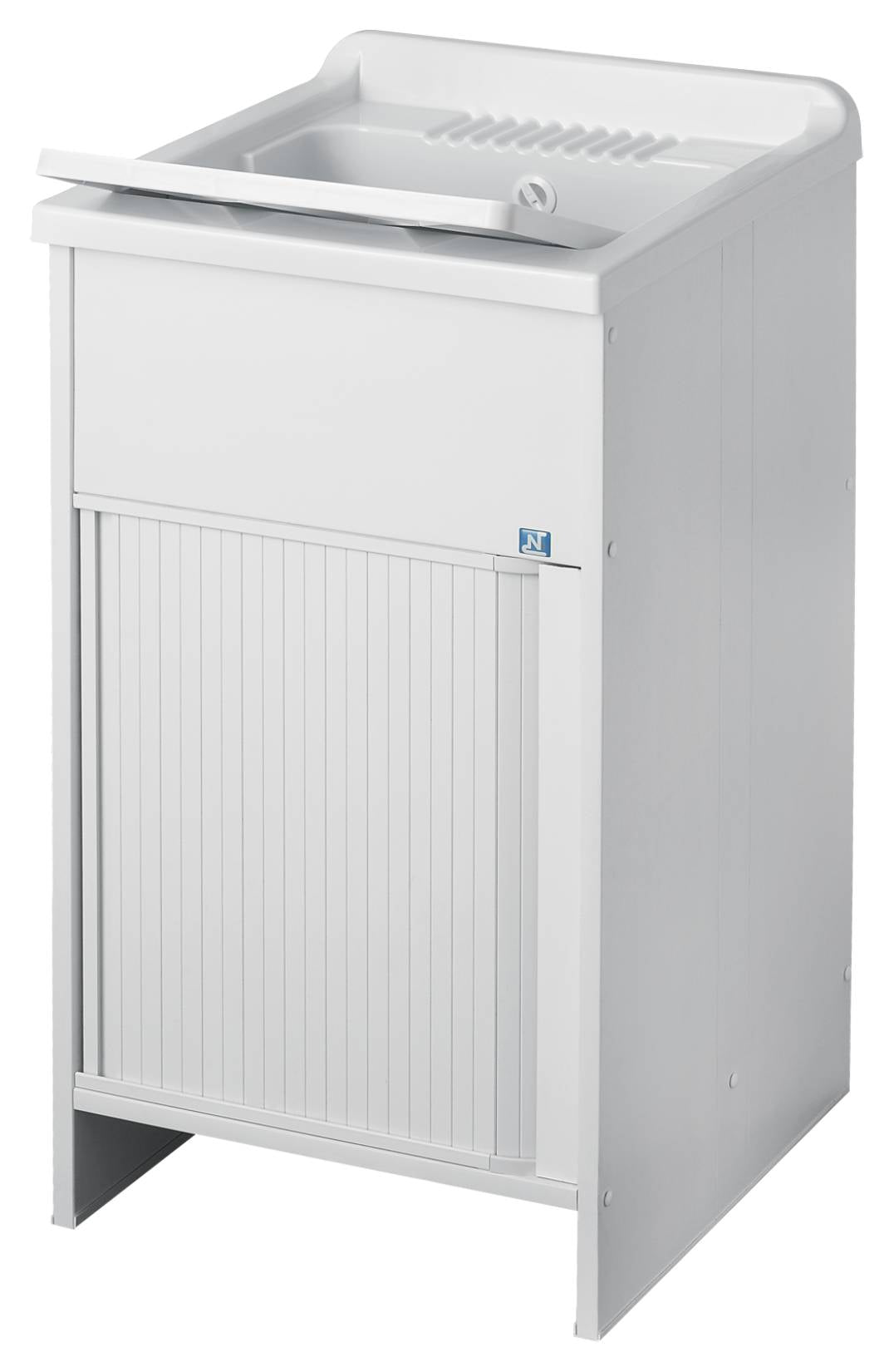 Negrari Esterni Roc 4003 Lavatoio Colore Bianco 50x50 H85 cm Mobile in PVC Chiusura a Serrandina Vasca e Asse di Lavaggio in Polipropilene Fornito Montato Piedini Regolabili Per Lavanderia Interno ed Esterno Ambienti Umidi Completo di Scarico Sifone