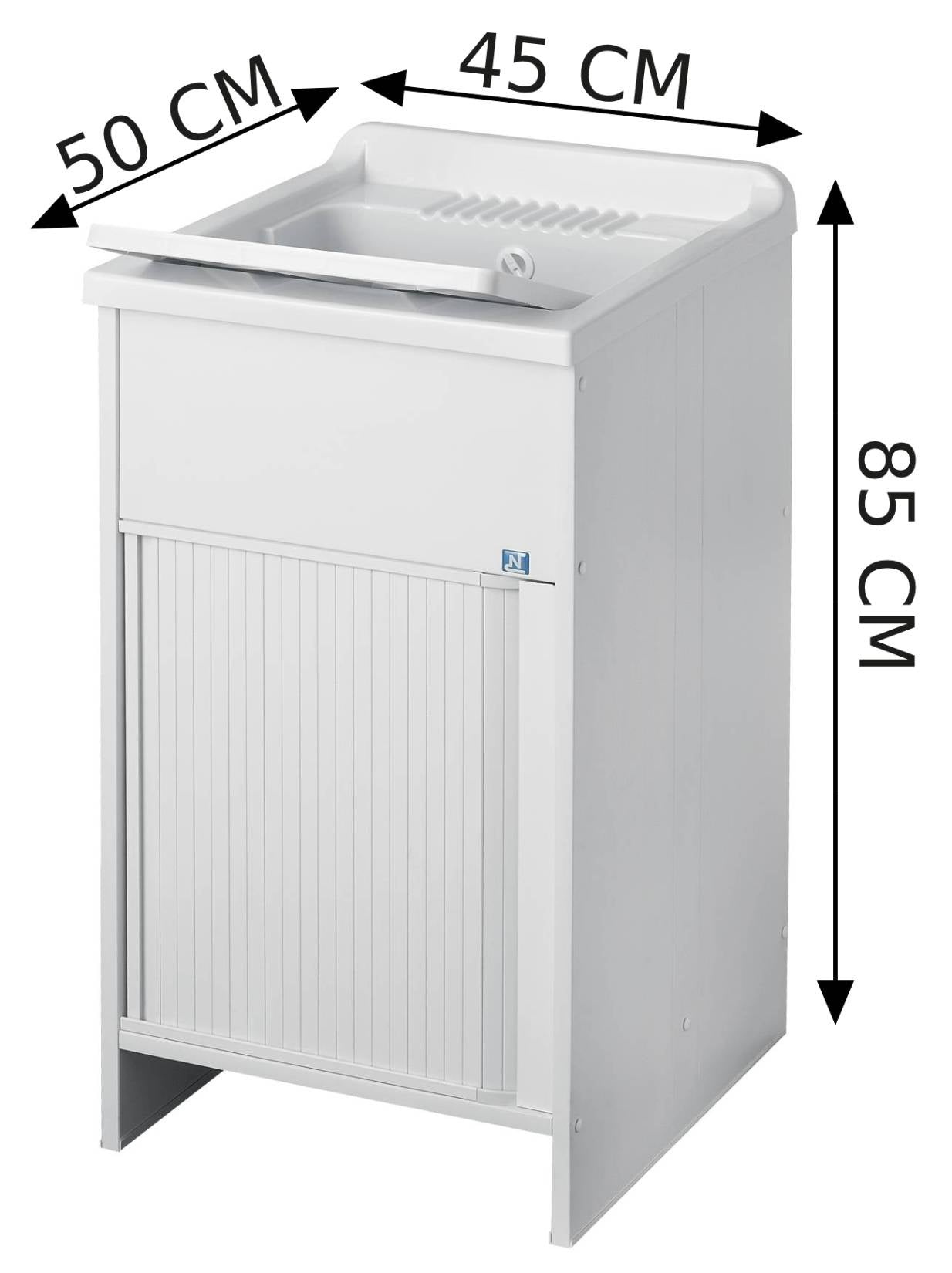 Negrari Esterni Roc 4006 Lavatoio Colore Bianco 45x50 H85 cm Mobile in PVC Chiusura a Serrandina Vasca e Asse di Lavaggio in Polipropilene Fornito Montato Piedini Regolabili Per Lavanderia Interno ed Esterno Ambienti Umidi Completo di Scarico Sifone