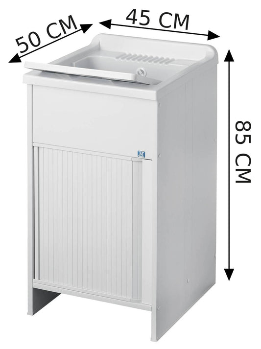 Negrari Esterni Roc 4006 Lavatoio Colore Bianco 45x50 H85 cm Mobile in PVC Chiusura a Serrandina Vasca e Asse di Lavaggio in Polipropilene Fornito Montato Piedini Regolabili Per Lavanderia Interno ed Esterno Ambienti Umidi Completo di Scarico Sifone