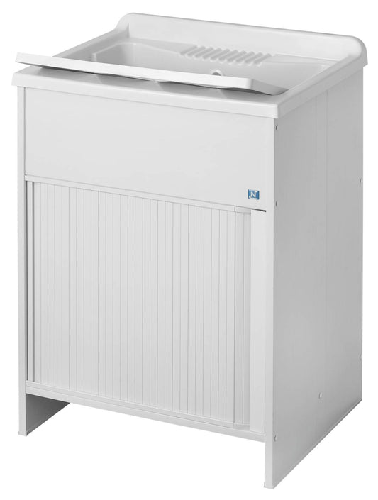 Negrari Esterni Roc 4007 Lavatoio Colore Bianco 60x60 H85 cm Mobile in PVC Chiusura a Serrandina Vasca e Asse di Lavaggio in Polipropilene Fornito Montato Piedini Regolabili Per Lavanderia Interno ed Esterno Ambienti Umidi Completo di Scarico Sifone