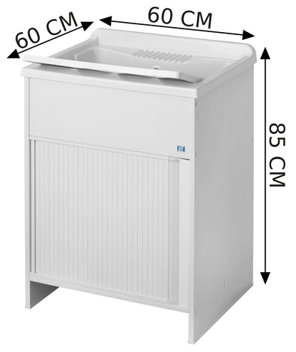 Negrari Esterni Roc 4007 Lavatoio Colore Bianco 60x60 H85 cm Mobile in PVC Chiusura a Serrandina Vasca e Asse di Lavaggio in Polipropilene Fornito Montato Piedini Regolabili Per Lavanderia Interno ed Esterno Ambienti Umidi Completo di Scarico Sifone
