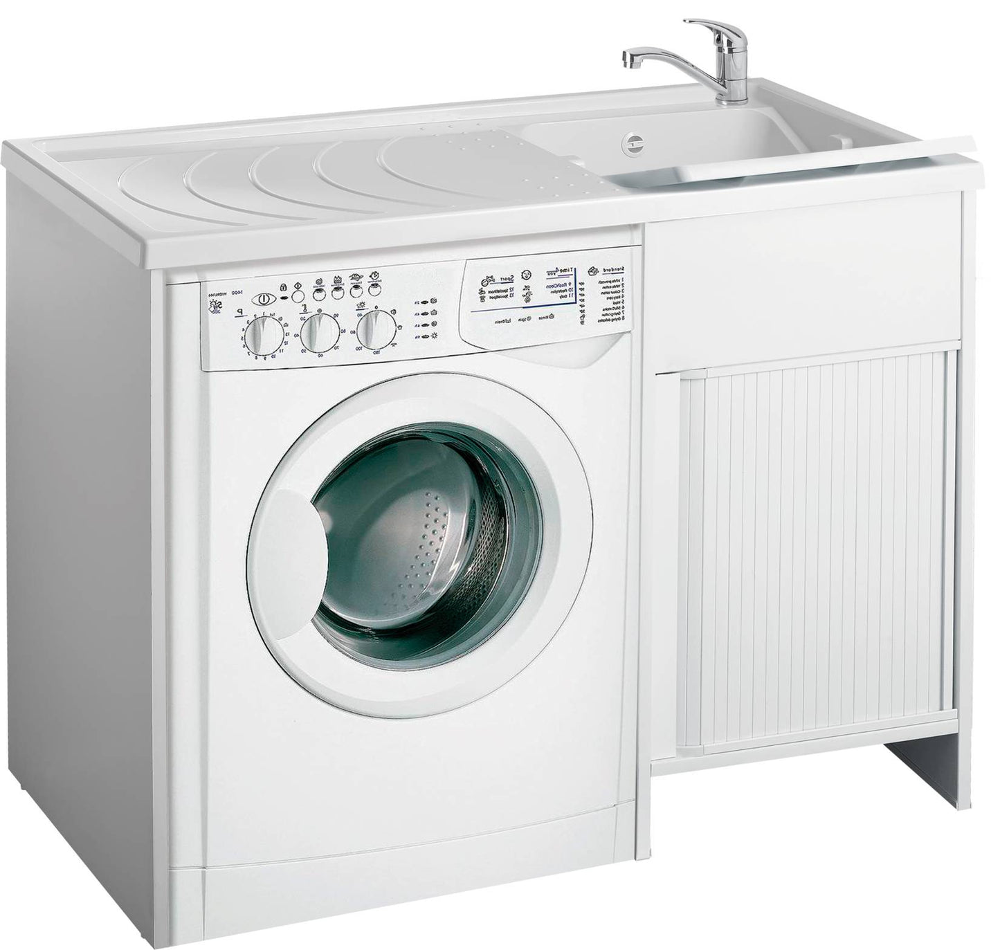 Negrari Esterni Roc 4008DX Lavatoio Coprilavatrice Montato Bianco 109x60 H89 cm Vasca Destra Copri Lavatrice Sinistra Mobile PVC Chiusura Serrandina Vasca Asse Polipropilene Scarico Sifone Piedini Regolabili Per Lavanderia Interno Esterno Ambienti Umidi