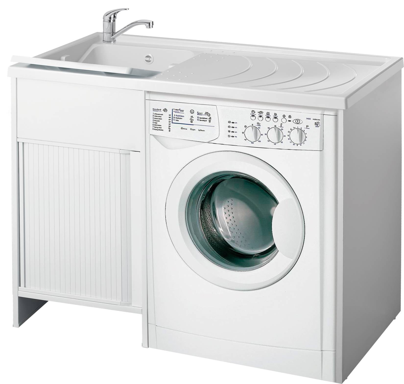Negrari Esterni Roc 9008SX Lavatoio Coprilavatrice Montato Bianco 109x60 H89 cm Vasca Sinistra Copri Lavatrice Destra Mobile PVC Chiusura Serrandina Vasca Asse Polipropilene Scarico Sifone Piedini Regolabili Per Lavanderia Interno Esterno Ambienti Umidi