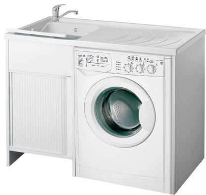 Negrari Esterni Roc 9008SX Lavatoio Coprilavatrice Montato Bianco 109x60 H89 cm Vasca Sinistra Copri Lavatrice Destra Mobile PVC Chiusura Serrandina Vasca Asse Polipropilene Scarico Sifone Piedini Regolabili Per Lavanderia Interno Esterno Ambienti Umidi