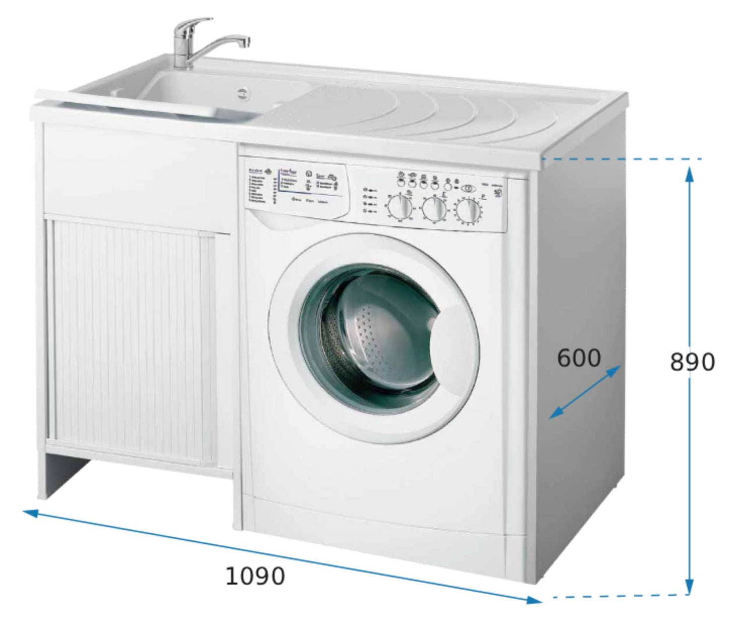 Negrari Esterni Roc 9008SX Lavatoio Coprilavatrice Montato Bianco 109x60 H89 cm Vasca Sinistra Copri Lavatrice Destra Mobile PVC Chiusura Serrandina Vasca Asse Polipropilene Scarico Sifone Piedini Regolabili Per Lavanderia Interno Esterno Ambienti Umidi