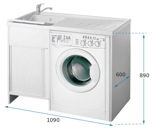 Negrari Esterni Roc 9008SX Lavatoio Coprilavatrice Montato Bianco 109x60 H89 cm Vasca Sinistra Copri Lavatrice Destra Mobile PVC Chiusura Serrandina Vasca Asse Polipropilene Scarico Sifone Piedini Regolabili Per Lavanderia Interno Esterno Ambienti Umidi
