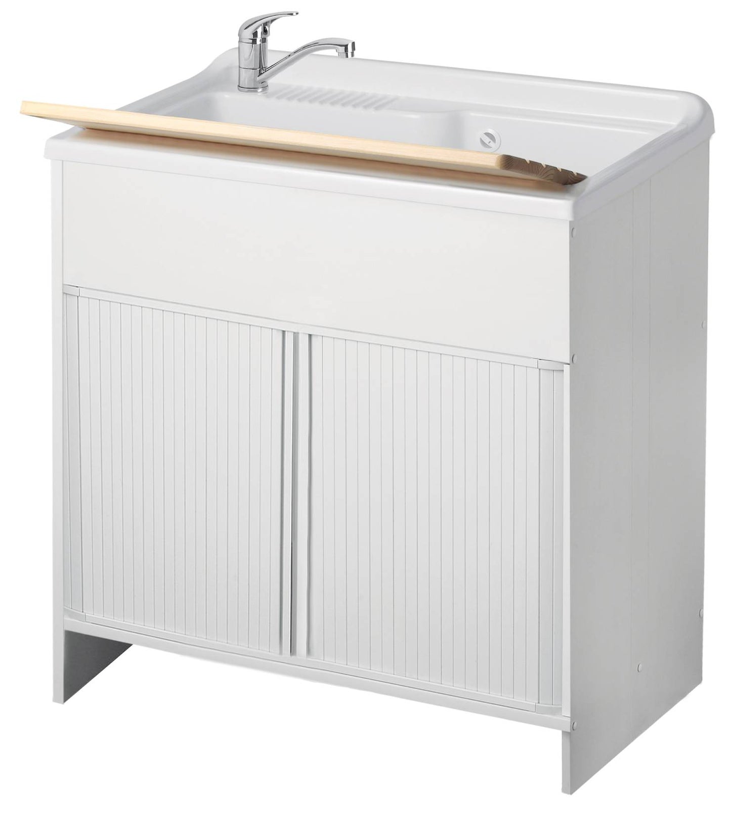 Negrari Esterni Roc 4010 Lavatoio Colore Bianco 80x50 H85 cm Mobile in PVC Chiusura a Serrandina Vasca Grande Polipropilene Asse Lavaggio Legno Fornito Montato Piedini Regolabili Per Lavanderia Interno ed Esterno Ambienti Umidi Completo di Scarico Sifone