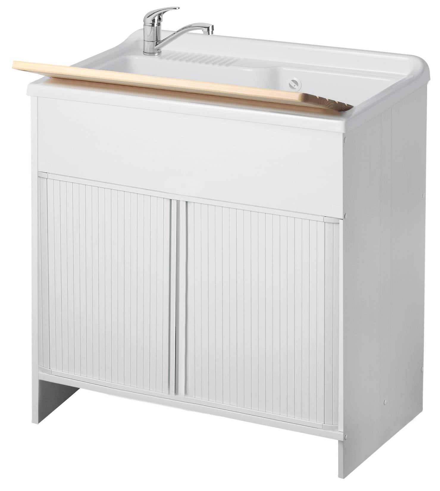 Negrari Esterni Roc 4010 Lavatoio Colore Bianco 80x50 H85 cm Mobile in PVC Chiusura a Serrandina Vasca Grande Polipropilene Asse Lavaggio Legno Fornito Montato Piedini Regolabili Per Lavanderia Interno ed Esterno Ambienti Umidi Completo di Scarico Sifone