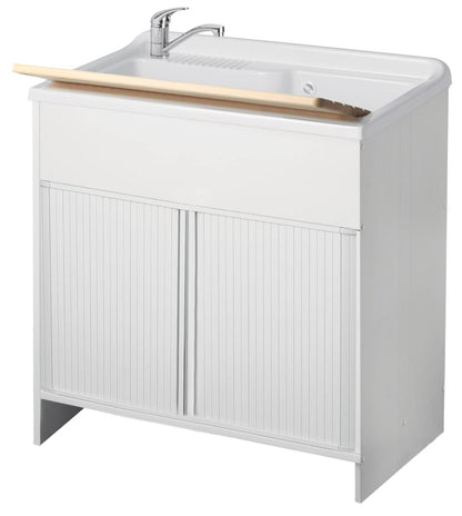 Negrari Esterni Roc 4010 Lavatoio Colore Bianco 80x50 H85 cm Mobile in PVC Chiusura a Serrandina Vasca Grande Polipropilene Asse Lavaggio Legno Fornito Montato Piedini Regolabili Per Lavanderia Interno ed Esterno Ambienti Umidi Completo di Scarico Sifone