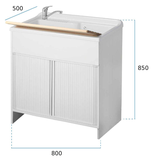 Negrari Esterni Roc 4010 Lavatoio Colore Bianco 80x50 H85 cm Mobile in PVC Chiusura a Serrandina Vasca Grande Polipropilene Asse Lavaggio Legno Fornito Montato Piedini Regolabili Per Lavanderia Interno ed Esterno Ambienti Umidi Completo di Scarico Sifone