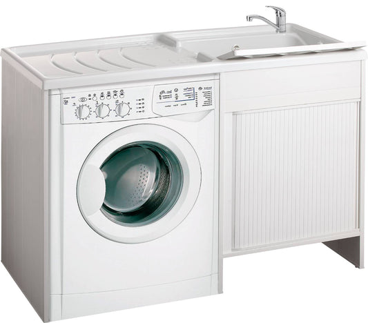 Negrari Esterni Roc 4800DX Lavatoio Coprilavatrice Montato Bianco 124x60 H89 cm Vasca Destra Copri Lavatrice Sinistra Mobile PVC Chiusura Serrandina Vasca Termoformatura Asse Polipropilene Scarico Sifone Per Lavanderia Interno Esterno Ambienti Umidi