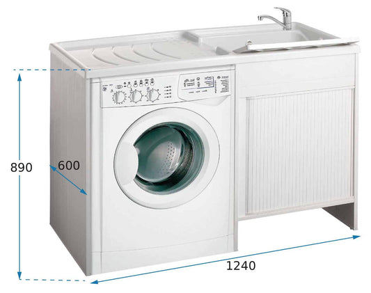 Negrari Esterni Roc 4800DX Lavatoio Coprilavatrice Montato Bianco 124x60 H89 cm Vasca Destra Copri Lavatrice Sinistra Mobile PVC Chiusura Serrandina Vasca Termoformatura Asse Polipropilene Scarico Sifone Per Lavanderia Interno Esterno Ambienti Umidi