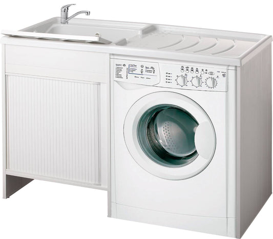 Negrari Esterni Roc 4800SX Lavatoio Coprilavatrice Montato Bianco 124x60 H89 cm Vasca Sinistra Copri Lavatrice Destra Mobile PVC Chiusura Serrandina Vasca Termoformatura Asse Polipropilene Scarico Sifone Per Lavanderia Interno Esterno Ambienti Umidi