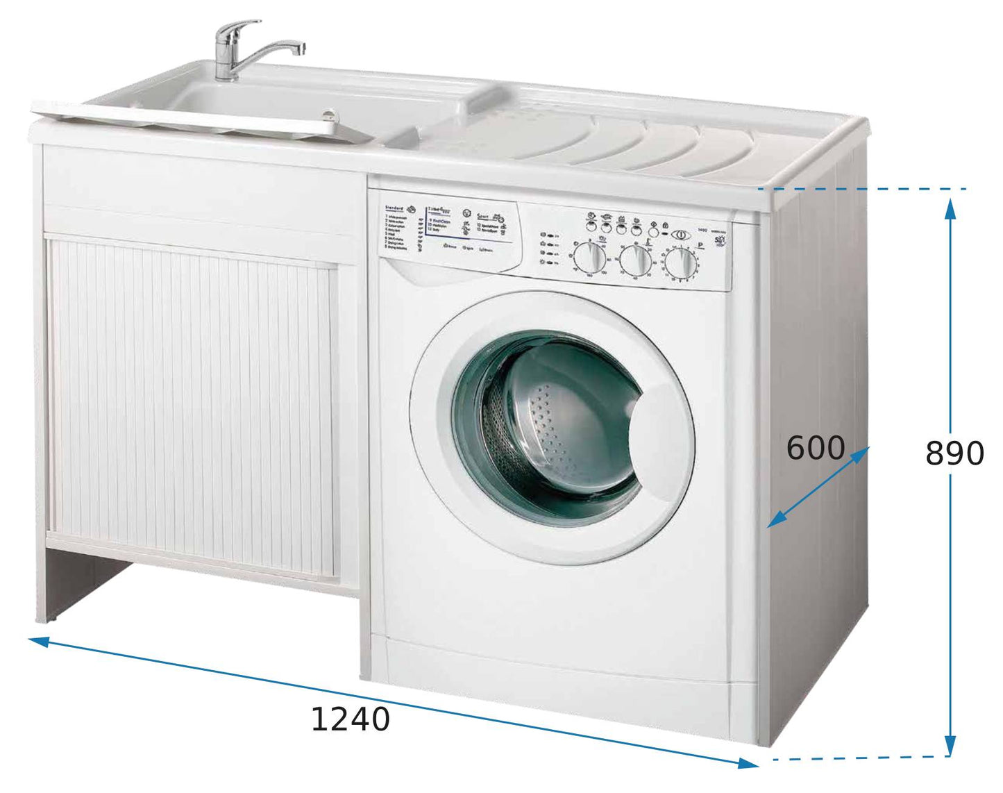 Negrari Esterni Roc 4800SX Lavatoio Coprilavatrice Montato Bianco 124x60 H89 cm Vasca Sinistra Copri Lavatrice Destra Mobile PVC Chiusura Serrandina Vasca Termoformatura Asse Polipropilene Scarico Sifone Per Lavanderia Interno Esterno Ambienti Umidi