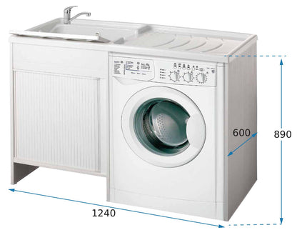 Negrari Esterni Roc 4800SX Lavatoio Coprilavatrice Montato Bianco 124x60 H89 cm Vasca Sinistra Copri Lavatrice Destra Mobile PVC Chiusura Serrandina Vasca Termoformatura Asse Polipropilene Scarico Sifone Per Lavanderia Interno Esterno Ambienti Umidi