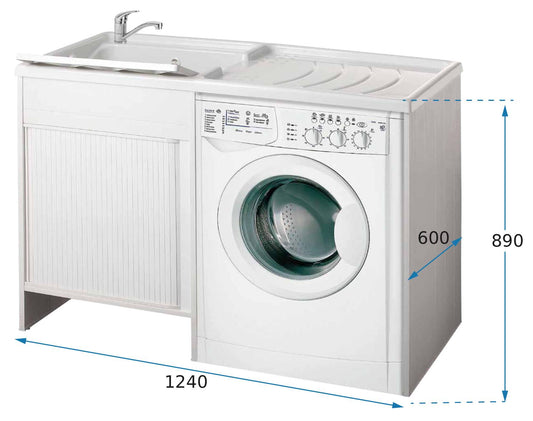 Negrari Esterni Roc 4800SX Lavatoio Coprilavatrice Montato Bianco 124x60 H89 cm Vasca Sinistra Copri Lavatrice Destra Mobile PVC Chiusura Serrandina Vasca Termoformatura Asse Polipropilene Scarico Sifone Per Lavanderia Interno Esterno Ambienti Umidi