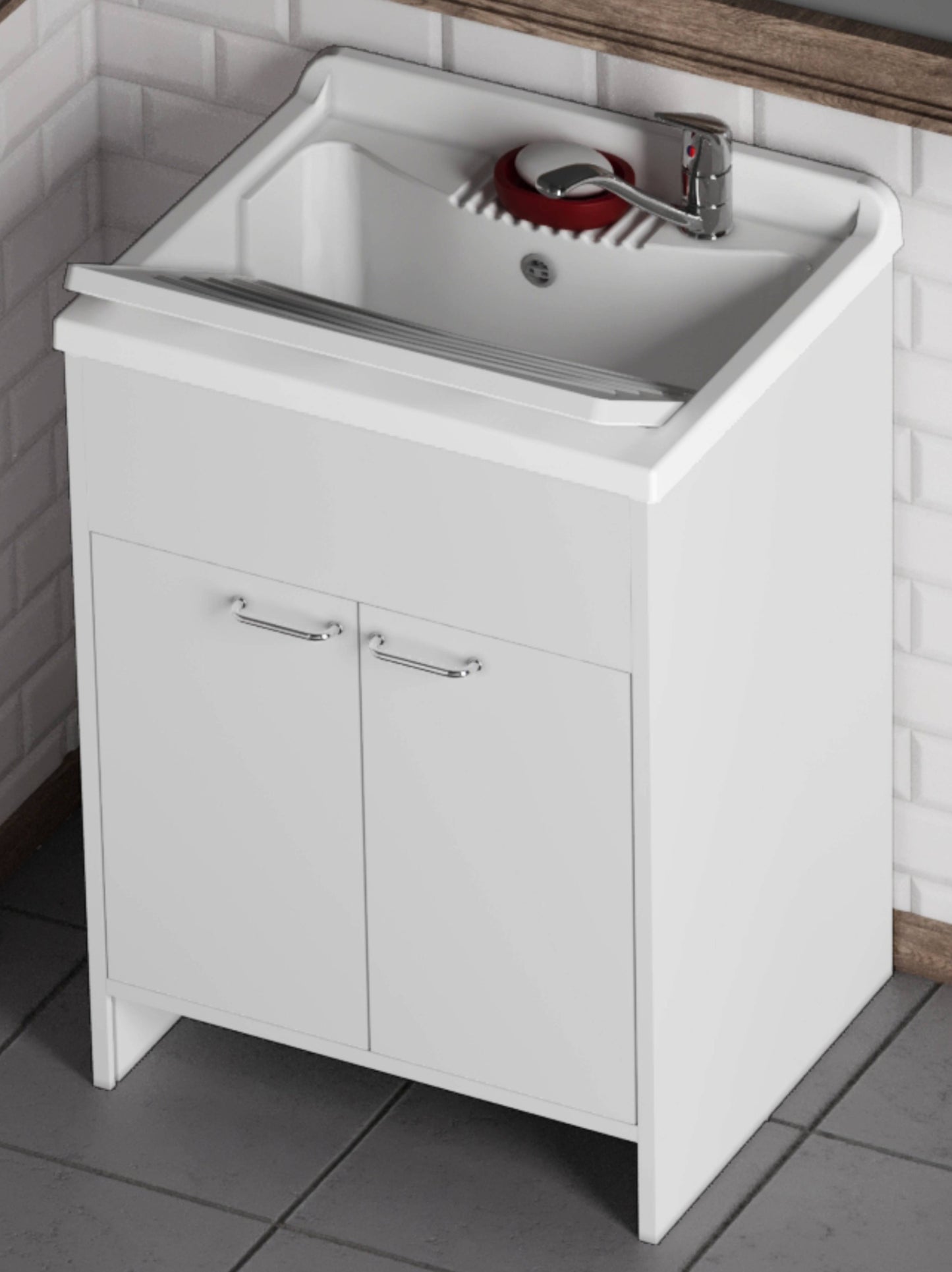 Negrari Garden 9002 Lavatoio Colore Bianco 60x50 H85 cm Mobile in PVC Resistente All’Acqua Apertura Battente Vasca Asse Lavaggio Polipropilene Fornito Montato Piedini Regolabili Per Lavanderia Interno Esterno Ambienti Umidi Con Scarico Sifone Troppopieno