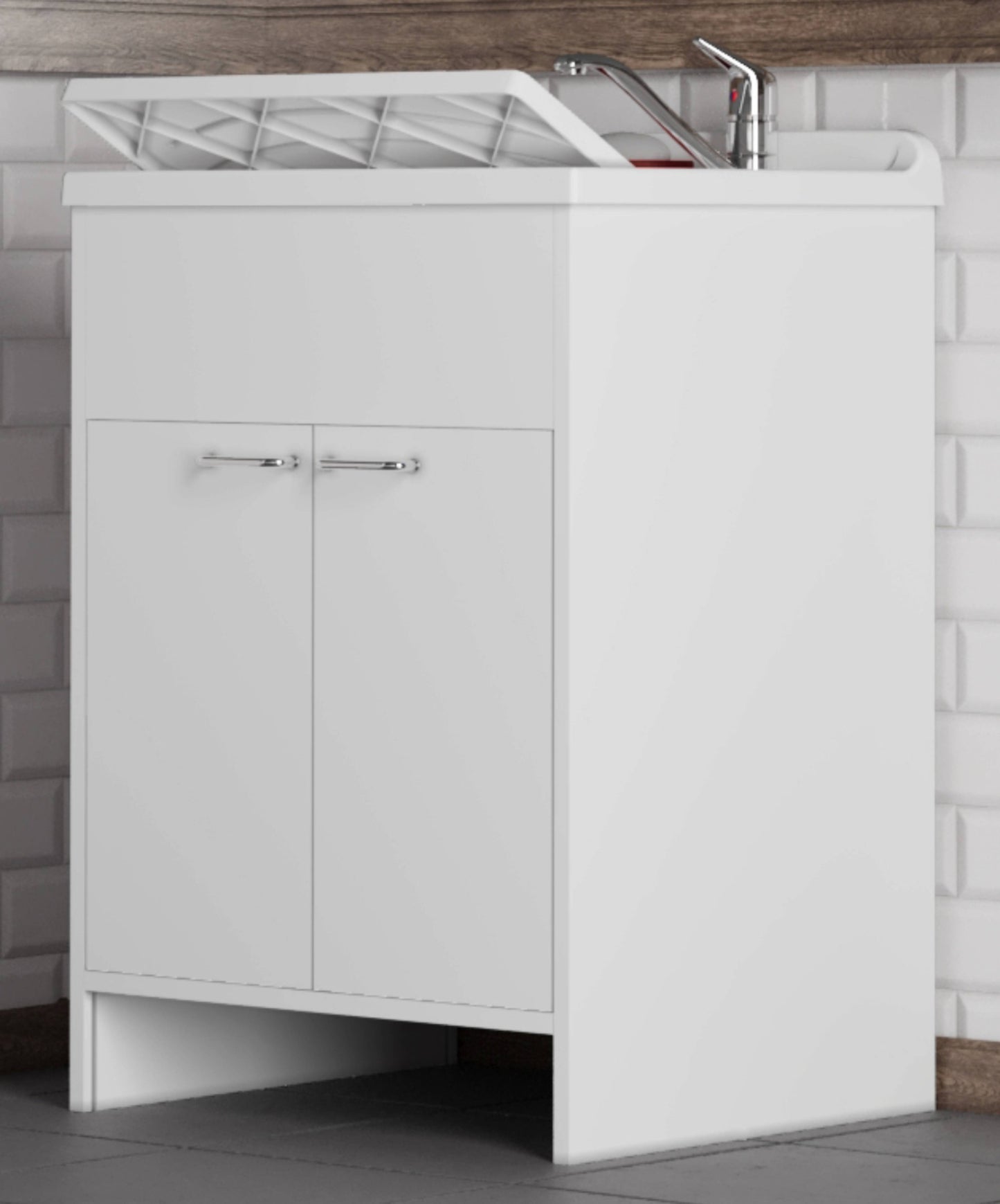 Negrari Garden 9002 Lavatoio Colore Bianco 60x50 H85 cm Mobile in PVC Resistente All’Acqua Apertura Battente Vasca Asse Lavaggio Polipropilene Fornito Montato Piedini Regolabili Per Lavanderia Interno Esterno Ambienti Umidi Con Scarico Sifone Troppopieno