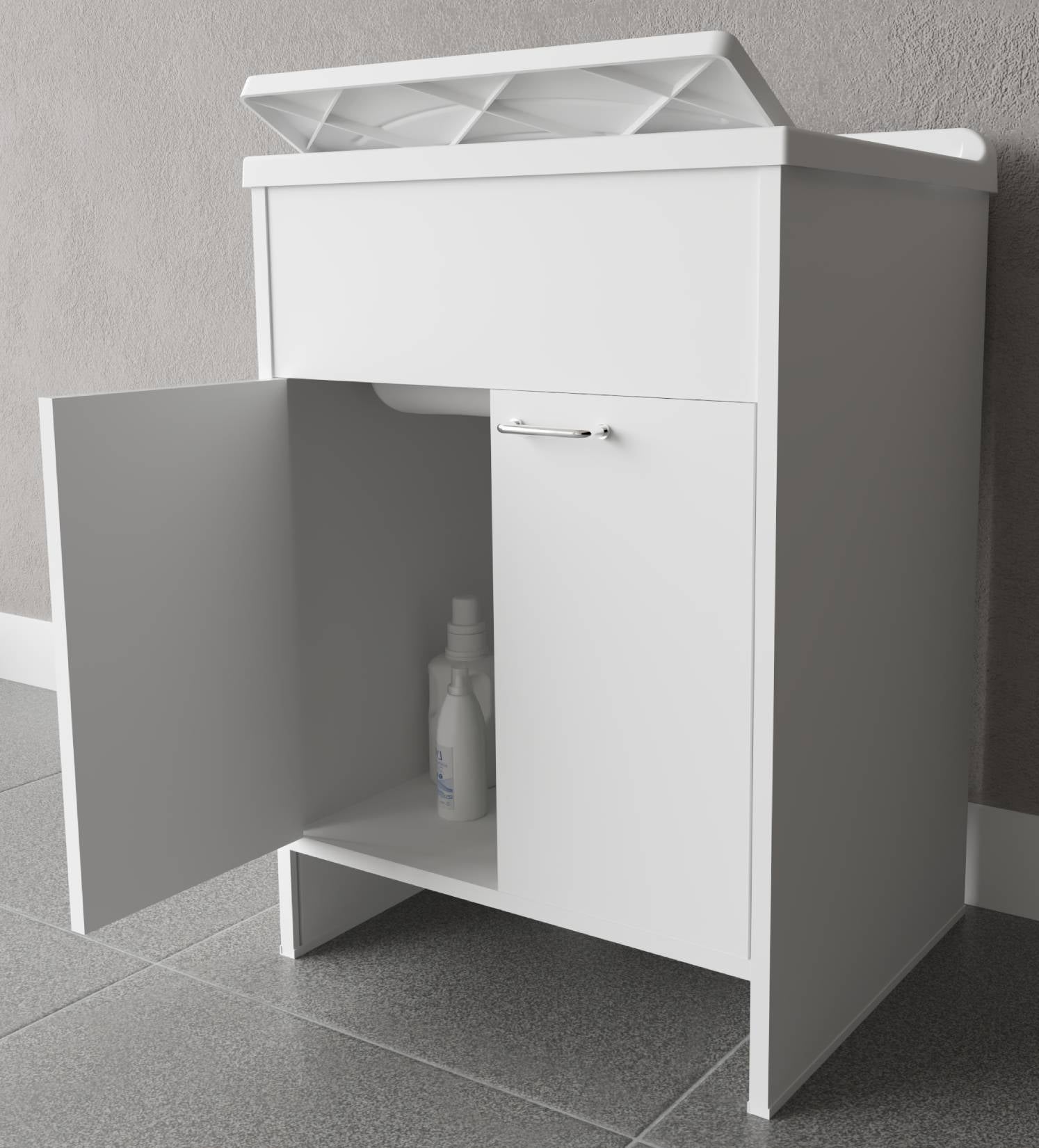 Negrari Kit Garden 9002K Mobile Lavatoio Lavapanni Misura L60P50H85 60x50 H85 CM Bianco Montaggio Lavanderia Bagno Anta Sportello Battente Interno Esterno Pilozzo Vasca Asse Lavaggio Lavabo Plastica Resina PVC Sifone Resistente Acqua Umidità Pioggia Sole