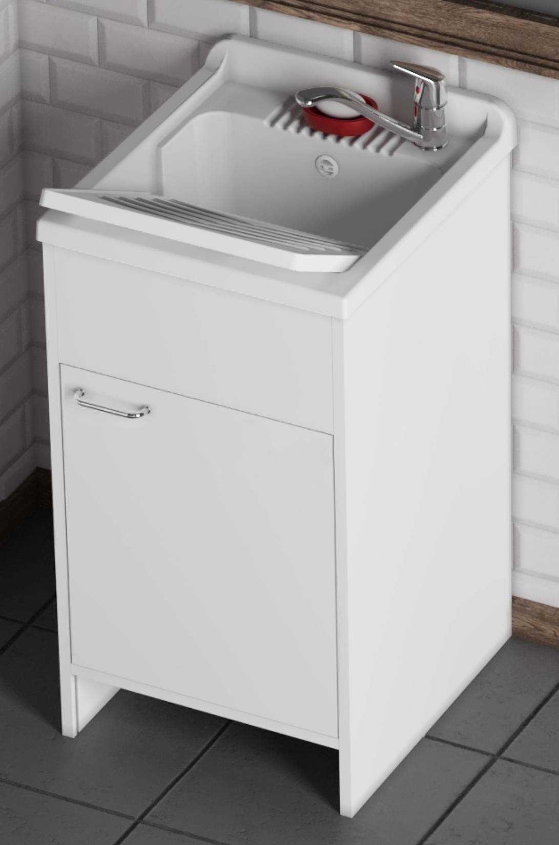 Negrari Garden 9003 Lavatoio Colore Bianco 50x50 H85 cm Mobile in PVC Resistente All’Acqua Apertura Battente Vasca Asse Lavaggio Polipropilene Fornito Montato Piedini Regolabili Per Lavanderia Interno Esterno Ambienti Umidi Con Scarico Sifone Troppopieno