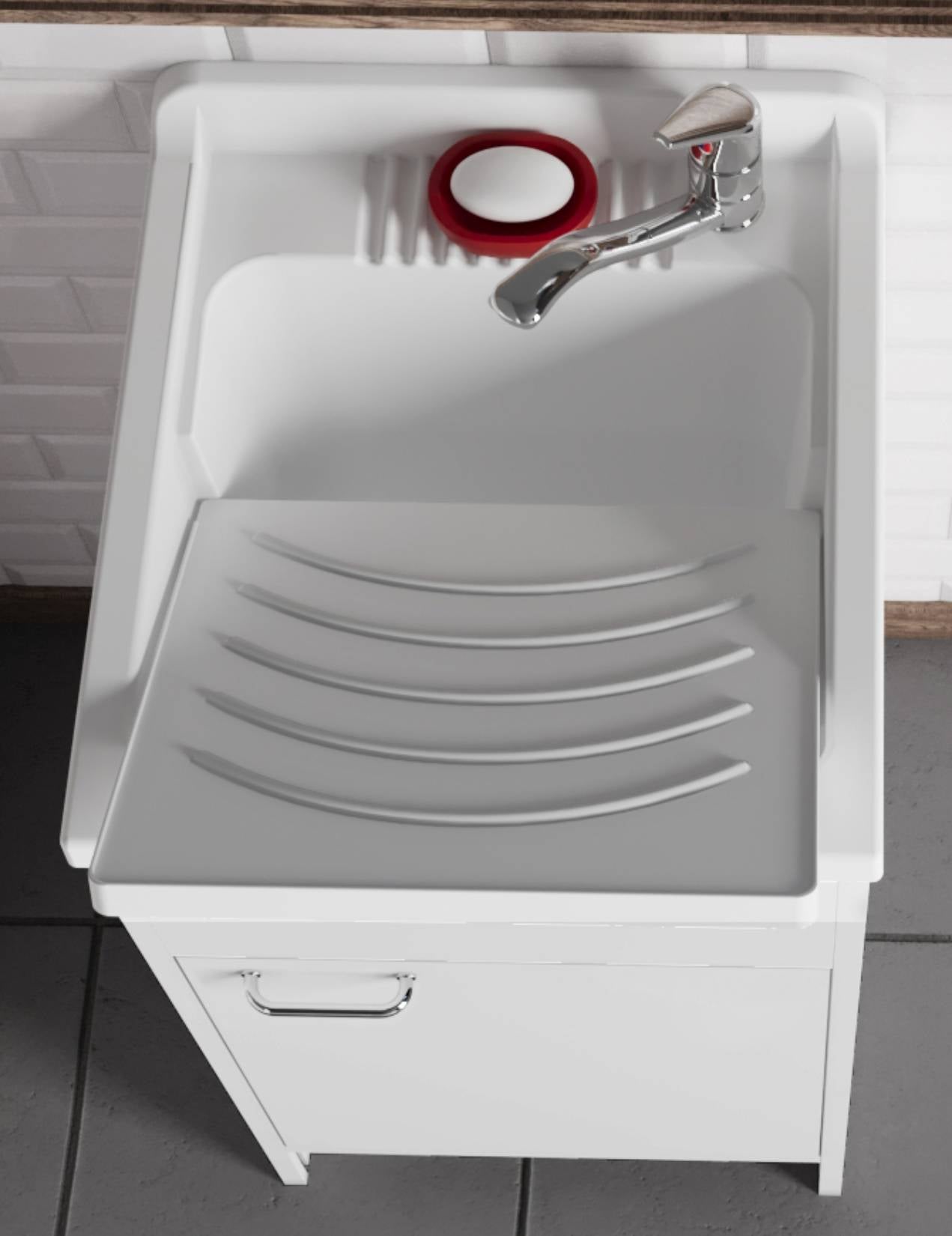 Negrari Garden 9003 Lavatoio Colore Bianco 50x50 H85 cm Mobile in PVC Resistente All’Acqua Apertura Battente Vasca Asse Lavaggio Polipropilene Fornito Montato Piedini Regolabili Per Lavanderia Interno Esterno Ambienti Umidi Con Scarico Sifone Troppopieno