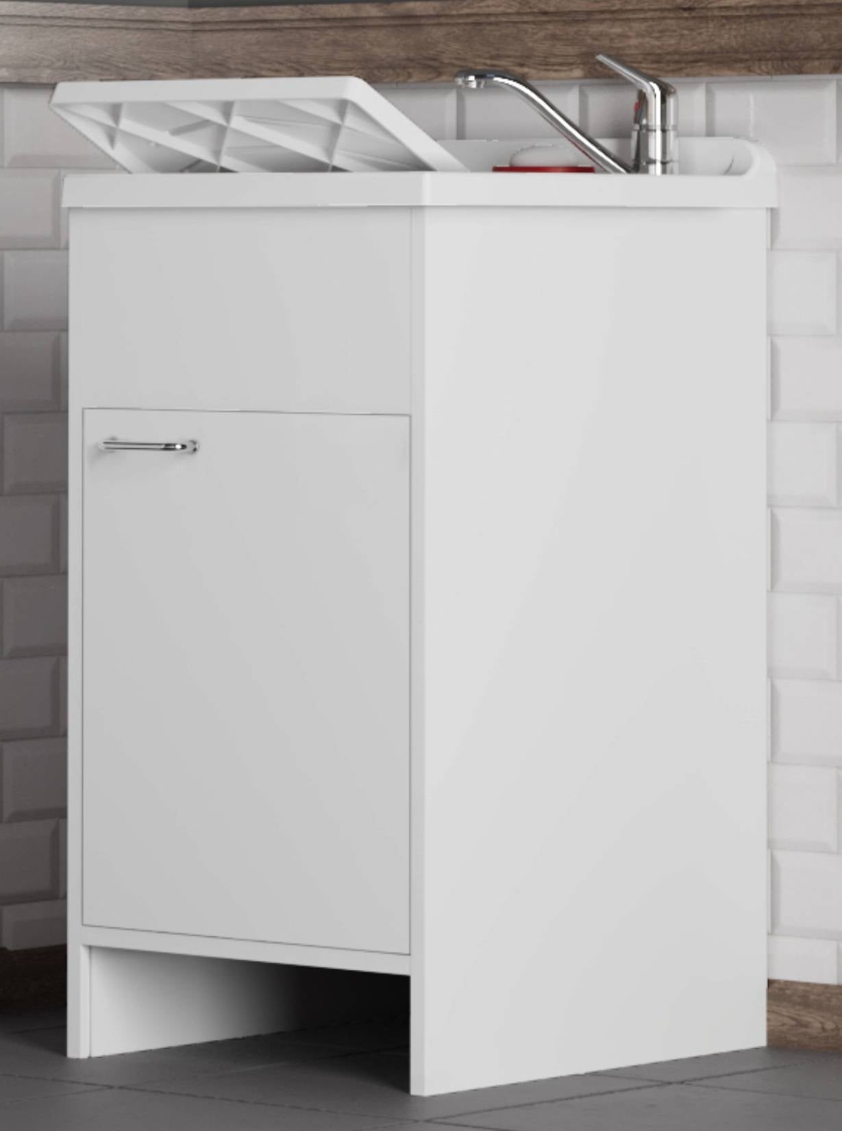 Negrari Garden 9003 Lavatoio Colore Bianco 50x50 H85 cm Mobile in PVC Resistente All’Acqua Apertura Battente Vasca Asse Lavaggio Polipropilene Fornito Montato Piedini Regolabili Per Lavanderia Interno Esterno Ambienti Umidi Con Scarico Sifone Troppopieno