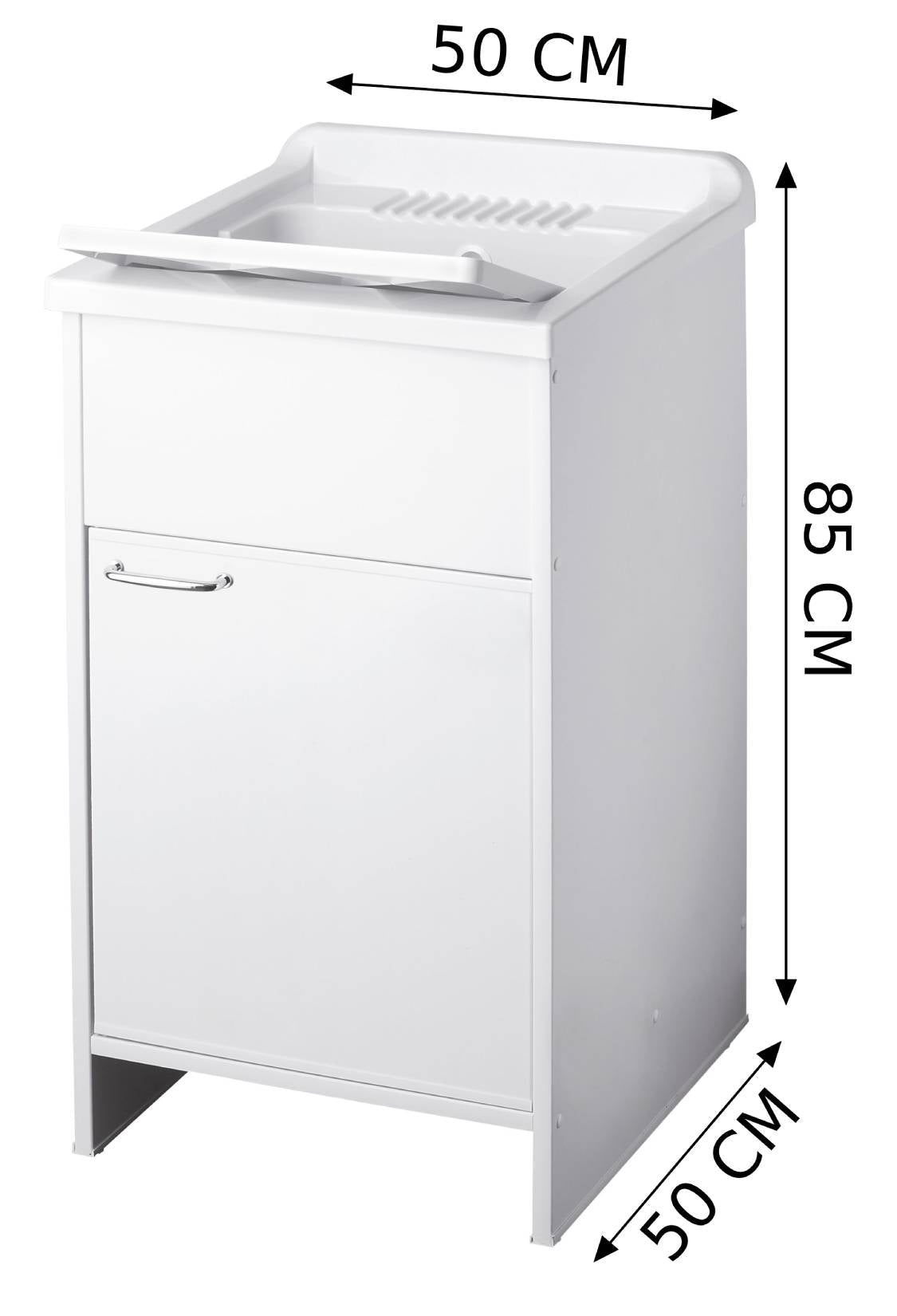 Negrari Garden 9003 Lavatoio Colore Bianco 50x50 H85 cm Mobile in PVC Resistente All’Acqua Apertura Battente Vasca Asse Lavaggio Polipropilene Fornito Montato Piedini Regolabili Per Lavanderia Interno Esterno Ambienti Umidi Con Scarico Sifone Troppopieno