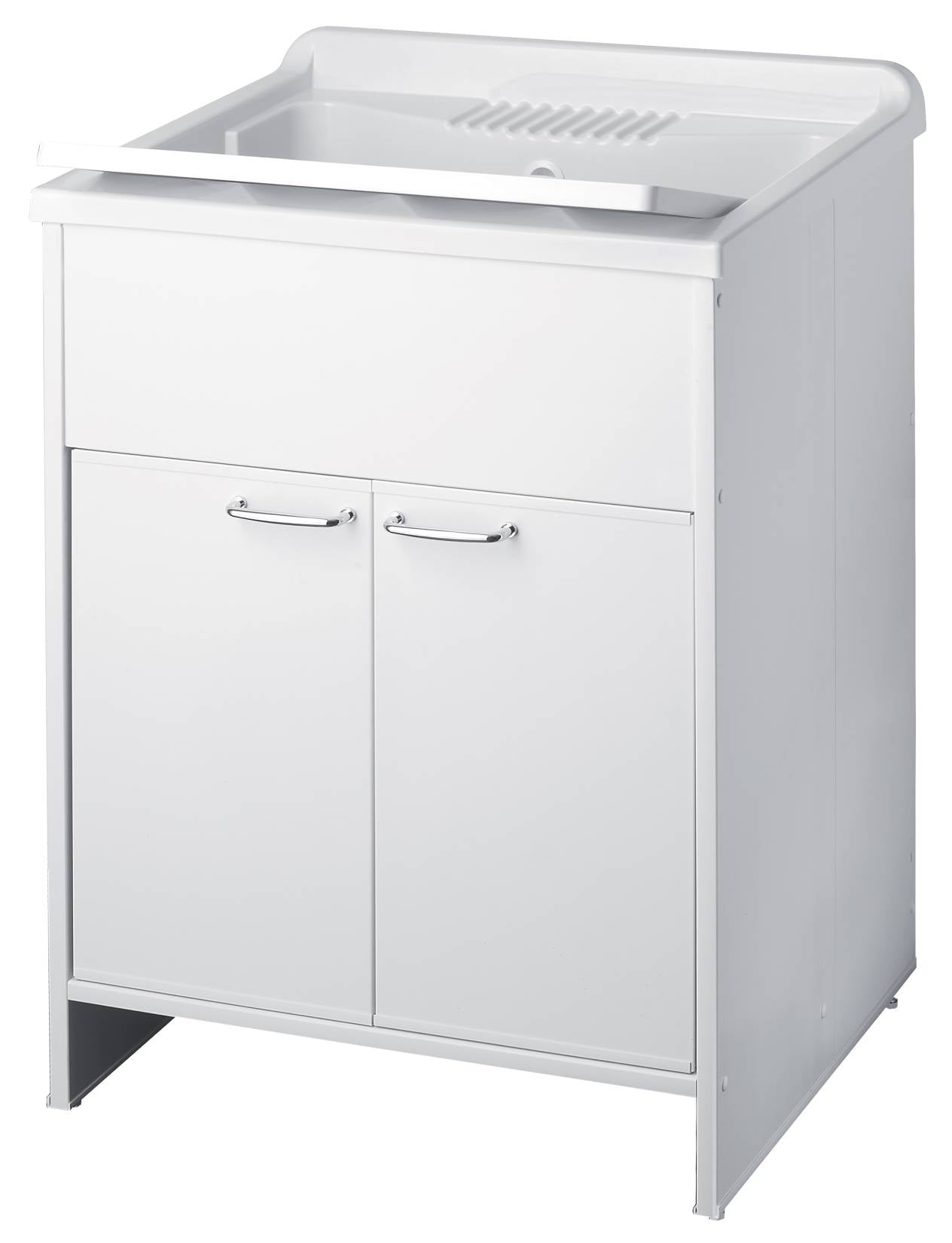 Negrari Garden 9007 Lavatoio Colore Bianco 60x60 H85 cm Mobile in PVC Resistente All’Acqua Apertura Battente Vasca Asse Lavaggio Polipropilene Fornito Montato Piedini Regolabili Per Lavanderia Interno Esterno Ambienti Umidi Con Scarico Sifone Troppopieno