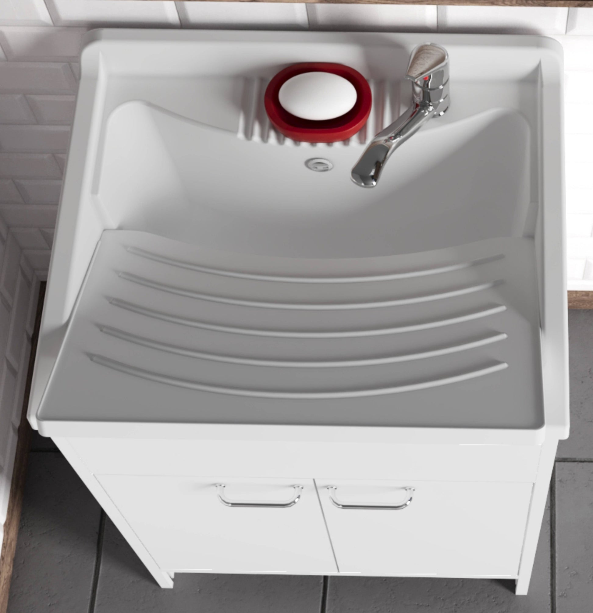 Negrari Garden 9007 Lavatoio Colore Bianco 60x60 H85 cm Mobile in PVC Resistente All’Acqua Apertura Battente Vasca Asse Lavaggio Polipropilene Fornito Montato Piedini Regolabili Per Lavanderia Interno Esterno Ambienti Umidi Con Scarico Sifone Troppopieno