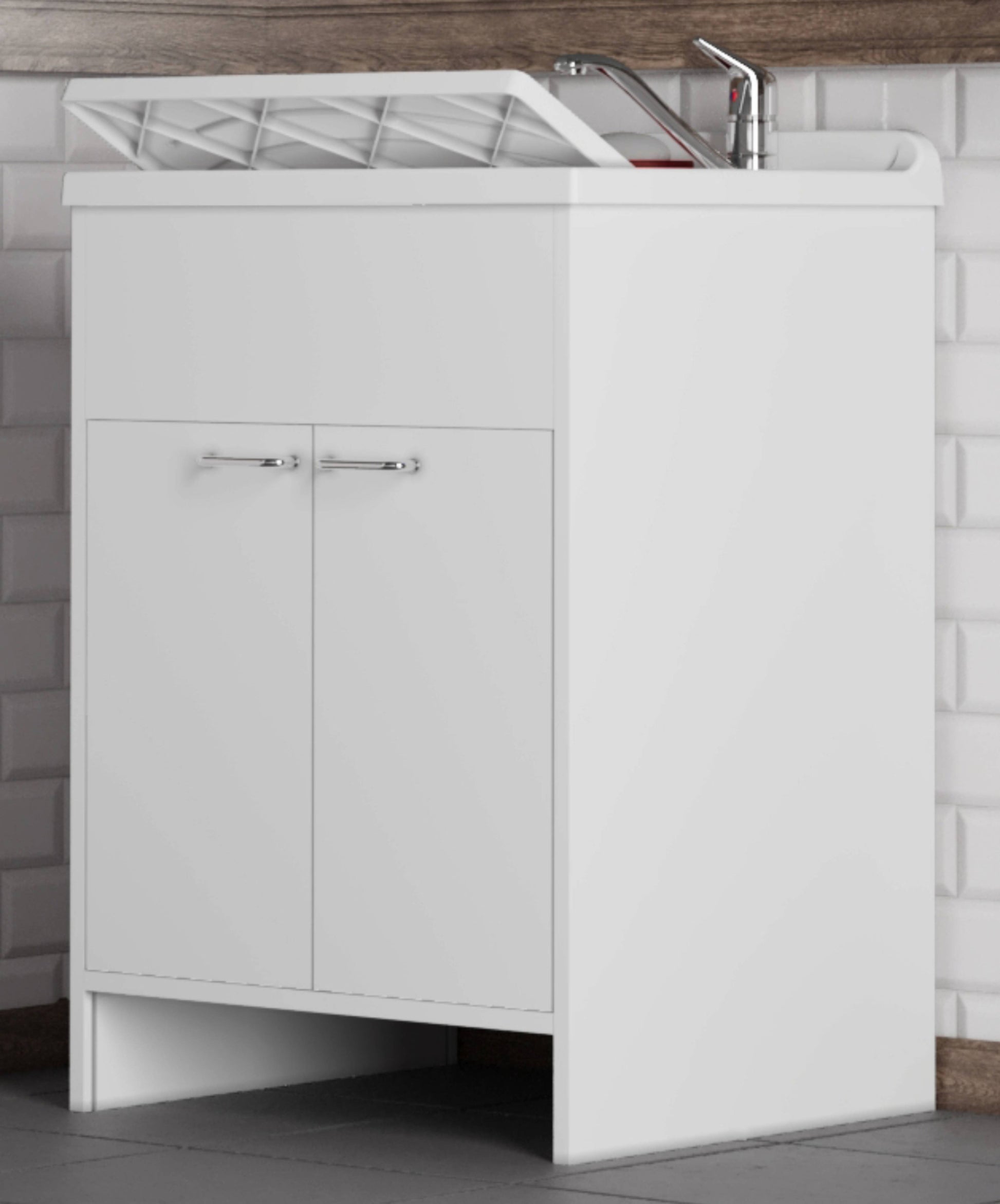 Negrari Garden 9007 Lavatoio Colore Bianco 60x60 H85 cm Mobile in PVC Resistente All’Acqua Apertura Battente Vasca Asse Lavaggio Polipropilene Fornito Montato Piedini Regolabili Per Lavanderia Interno Esterno Ambienti Umidi Con Scarico Sifone Troppopieno