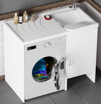 Negrari Garden 9008DX Lavatoio Coprilavatrice Montato Bianco 109x60 H89 cm Vasca Destra Copri Lavatrice Sinistra Mobile PVC Apertura Anta Battente Lavabo Asse Polipropilene Scarico Sifone Piedini Regolabili Per Lavanderia Interno Esterno Ambienti Umidi