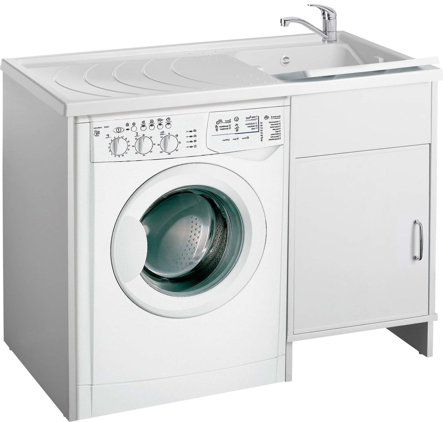 Negrari Garden 9008DX Lavatoio Coprilavatrice Montato Bianco 109x60 H89 cm Vasca Destra Copri Lavatrice Sinistra Mobile PVC Apertura Anta Battente Lavabo Asse Polipropilene Scarico Sifone Piedini Regolabili Per Lavanderia Interno Esterno Ambienti Umidi