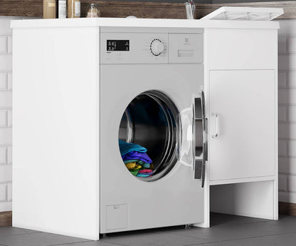 Negrari Garden 9008DX Lavatoio Coprilavatrice Montato Bianco 109x60 H89 cm Vasca Destra Copri Lavatrice Sinistra Mobile PVC Apertura Anta Battente Lavabo Asse Polipropilene Scarico Sifone Piedini Regolabili Per Lavanderia Interno Esterno Ambienti Umidi