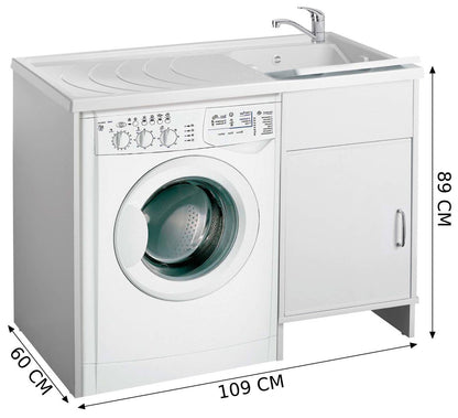 Negrari Garden 9008DX Lavatoio Coprilavatrice Montato Bianco 109x60 H89 cm Vasca Destra Copri Lavatrice Sinistra Mobile PVC Apertura Anta Battente Lavabo Asse Polipropilene Scarico Sifone Piedini Regolabili Per Lavanderia Interno Esterno Ambienti Umidi