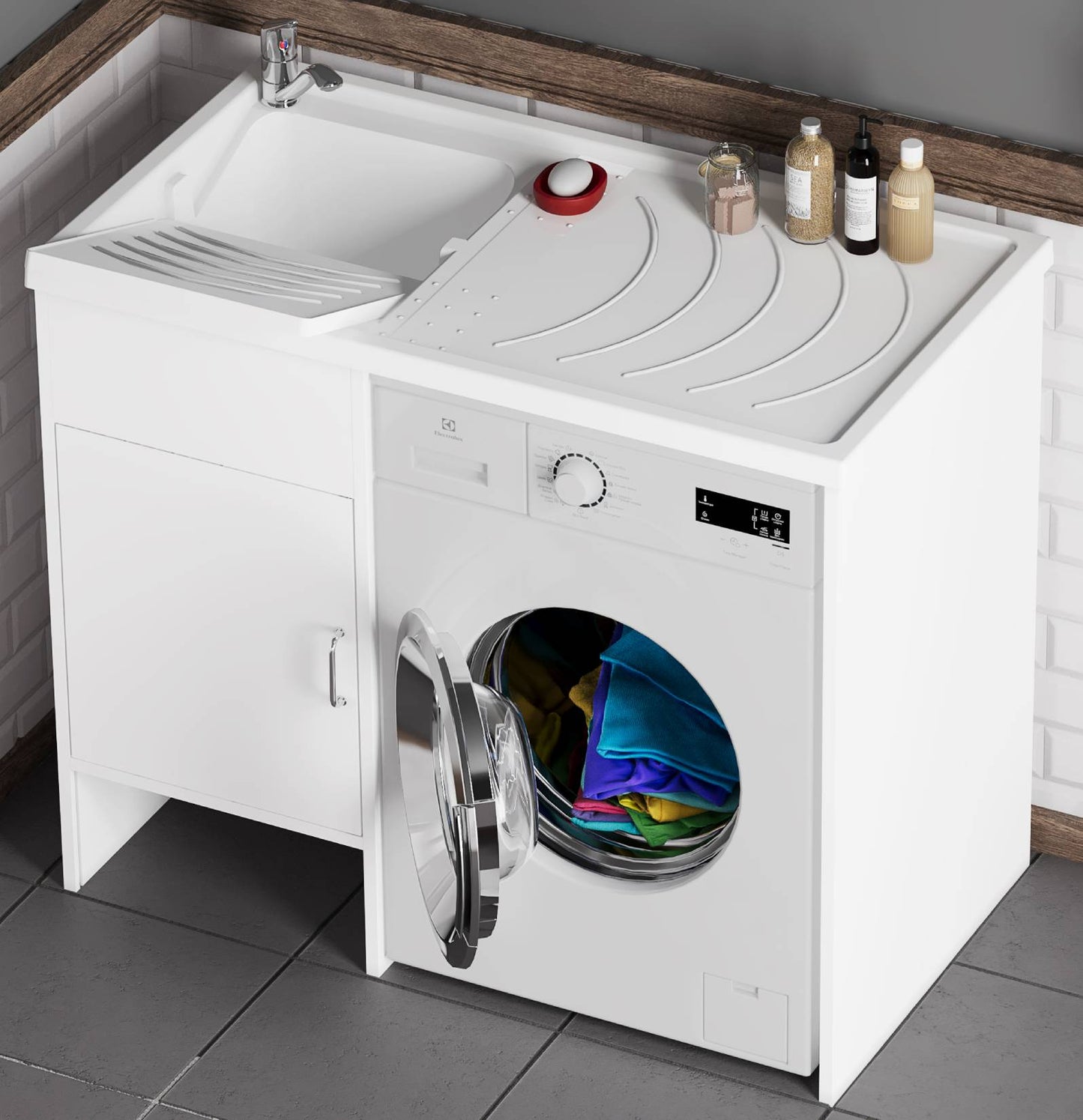 Negrari Garden 9008SX Lavatoio Coprilavatrice Montato Bianco 109x60 H89 cm Vasca Sinistra Copri Lavatrice Destra Mobile PVC Apertura Anta Battente Vasca Asse Polipropilene Scarico Sifone Piedini Regolabili Per Lavanderia Interno Esterno Ambienti Umidi