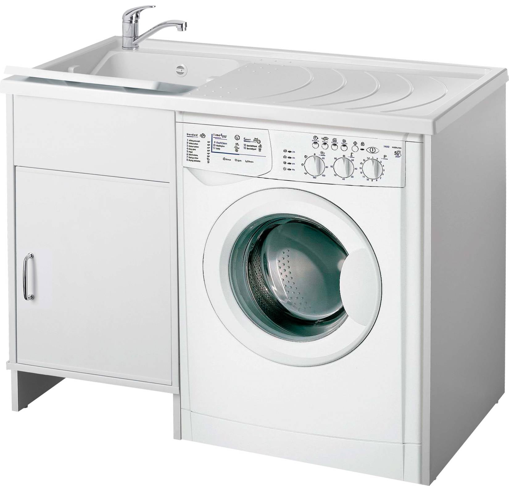 Negrari Garden 9008SX Lavatoio Coprilavatrice Montato Bianco 109x60 H89 cm Vasca Sinistra Copri Lavatrice Destra Mobile PVC Apertura Anta Battente Vasca Asse Polipropilene Scarico Sifone Piedini Regolabili Per Lavanderia Interno Esterno Ambienti Umidi