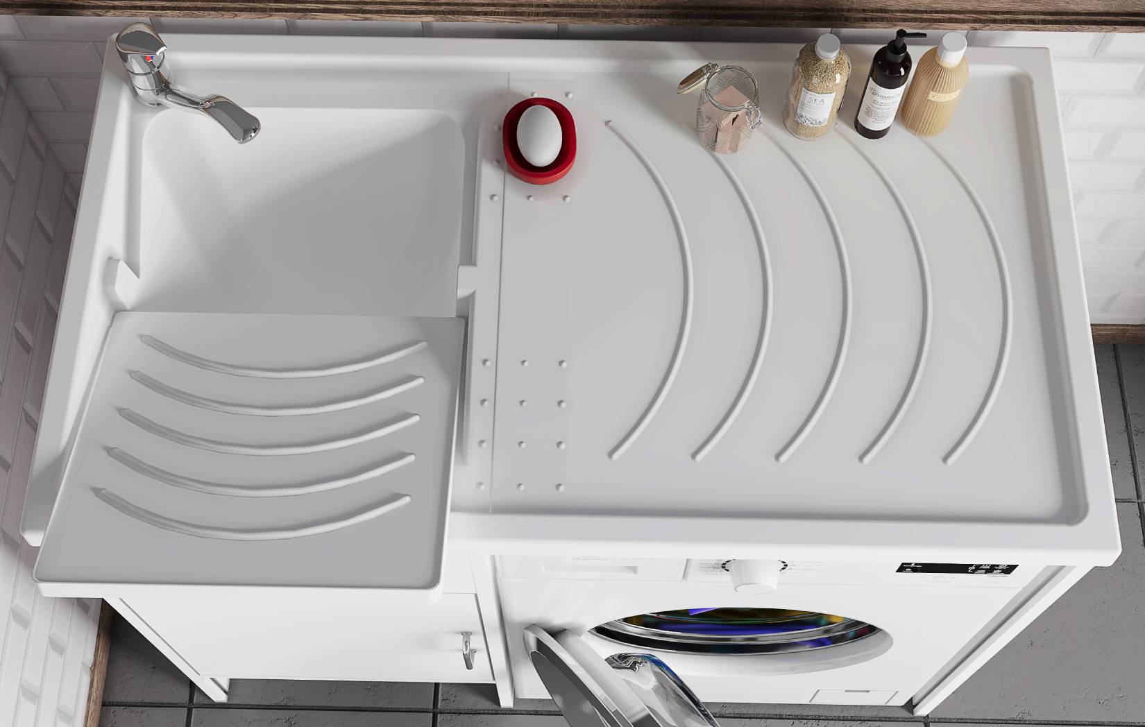 Negrari Garden 9008SX Lavatoio Coprilavatrice Montato Bianco 109x60 H89 cm Vasca Sinistra Copri Lavatrice Destra Mobile PVC Apertura Anta Battente Vasca Asse Polipropilene Scarico Sifone Piedini Regolabili Per Lavanderia Interno Esterno Ambienti Umidi