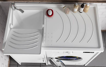 Negrari Garden 9008SX Lavatoio Coprilavatrice Montato Bianco 109x60 H89 cm Vasca Sinistra Copri Lavatrice Destra Mobile PVC Apertura Anta Battente Vasca Asse Polipropilene Scarico Sifone Piedini Regolabili Per Lavanderia Interno Esterno Ambienti Umidi