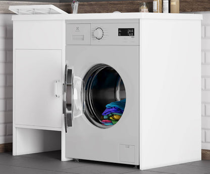 Negrari Garden 9008SX Lavatoio Coprilavatrice Montato Bianco 109x60 H89 cm Vasca Sinistra Copri Lavatrice Destra Mobile PVC Apertura Anta Battente Vasca Asse Polipropilene Scarico Sifone Piedini Regolabili Per Lavanderia Interno Esterno Ambienti Umidi