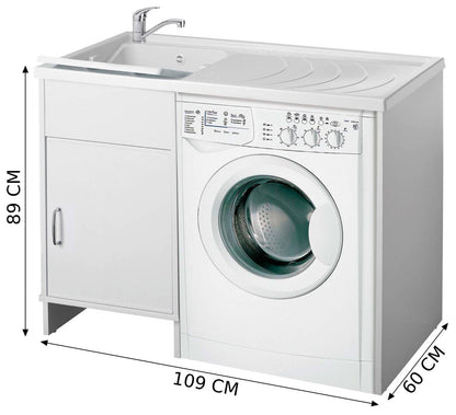Negrari Garden 9008SX Lavatoio Coprilavatrice Montato Bianco 109x60 H89 cm Vasca Sinistra Copri Lavatrice Destra Mobile PVC Apertura Anta Battente Vasca Asse Polipropilene Scarico Sifone Piedini Regolabili Per Lavanderia Interno Esterno Ambienti Umidi