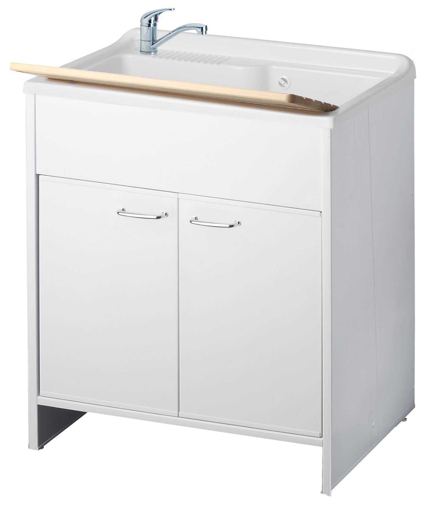 Negrari Garden 9010 Lavatoio Colore Bianco 80x50 H85cm Mobile PVC Resistente All’Acqua Apertura Battente Vasca Polipropilene Asse Lavaggio Legno Verniciato Fornito Montato Piedini Regolabili Per Lavanderia Interno Esterno Ambienti Umidi Con Scarico Sifone